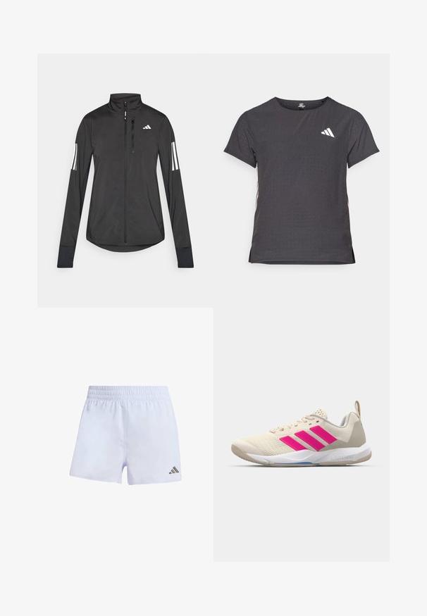 Schwarze Sportjacke aus leichtem Material. Mit einem Frontreißverschluss, hohem Kragen und drei weißen Streifen an jedem Ärmel.; Kurze Ärmel Sport-T-Shirt, dunkelgrau mit durchbrochener Textur. Enthält ein weißes Logo und kontrastierende Seitenstreifen. Runder Ausschnitt.; Weiße Sportshorts mit einem elastischen Bund, aus leichtem Material, mit einem kleinen dunklen Logo am unteren rechten Bein.; Beige Sportsschuh mit pinkem Dreistreifen-Logo, strukturiertem Mesh-Obermaterial, gepolstertem Schaft und weißer Gummisohle, mit "LIGHTSTRIKE"-Branding.