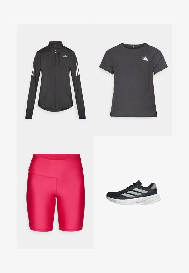 Giacchetto sportivo nero realizzato in materiale leggero. Presenta una chiusura frontale con zip, colletto alto e tre strisce bianche su ciascun manica.; T-shirt atletico a maniche corte, grigio scuro con texture perforata. Presenta un logo bianco e strisce laterali a contrasto. Girocollo.; Shorts sportivi rosa realizzati in tessuto liscio e elastico. Vita alta, lunghezza corta e dettaglio di cucitura rinforzata. Il logo del prodotto appare sul lato.; Scarpa da corsa nera con tomaia in mesh, tre strisce argentate, intersuola bianca e suola testurizzata. Presenta un colletto imbottito e chiusura con lacci.