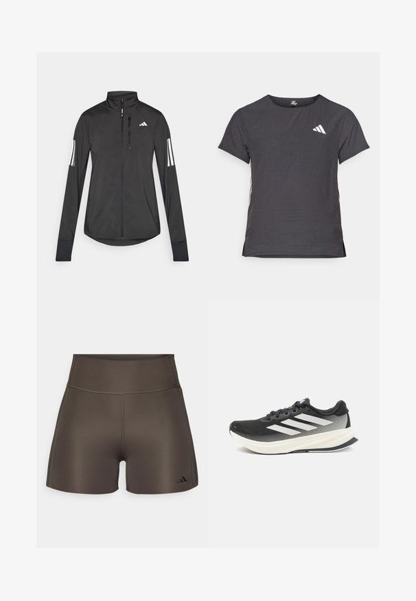 Jachetă sport neagră din material ușor. Are un fermoar frontal, guler înalt și trei dungi albe pe fiecare manșon.; Tricou athletic cu mânecă scurtă, gri închis, cu textură perforată. Prezentă un logo alb și dungi contrastante pe laterale. Guler rotunjit.; adidas Performance OPTIME RAW CUT HEM - Leggings - shadow olive; Pantofel sport negru cu plasă pe partea superioară, accente albe și o talpă intermediară albă groasă. Dispune de șireturi și un design de profil redus.