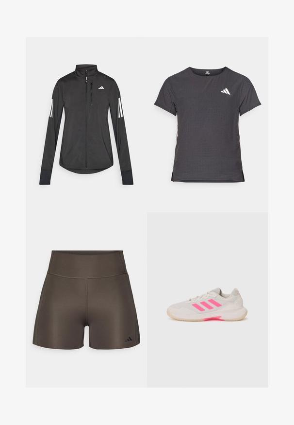 Zwarte sportjack gemaakt van lichtgewicht materiaal. Voorzien van een ritssluiting aan de voorkant, hoge kraag en drie witte strepen op elke mouw.; Korte mouwen sport t-shirt, donkergrijs met geperforeerde textuur. Bevat een wit logo en contrasterende zijstrepen. Ronde halslijn.; adidas Performance OPTIME RAW CUT HEM - Tights - shadow olive; Lichtgrijze sportieve schoen met roze accenten en drie strepen. Beschikt over een bovenwerk van mesh, een gevoerde tong en een rubberen zool met grip.