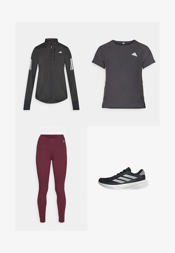 Schwarze Sportjacke aus leichtem Material. Mit einem Frontreißverschluss, hohem Kragen und drei weißen Streifen an jedem Ärmel.; Kurze Ärmel Sport-T-Shirt, dunkelgrau mit durchbrochener Textur. Enthält ein weißes Logo und kontrastierende Seitenstreifen. Runder Ausschnitt.; Burgunderfarbene Leggings aus dehnbarem Material, mit einer glatten Oberfläche und einem breiten Bund. Ein kleines Logo ist auf der oberen linken Seite sichtbar.; Schwarzer Laufschuh mit Mesh-Obermaterial, drei silbernen Streifen, weißer Zwischensohle und strukturiertem Außensohle. Verfügt über einen gepolsterten Schaft und eine Schnürung.