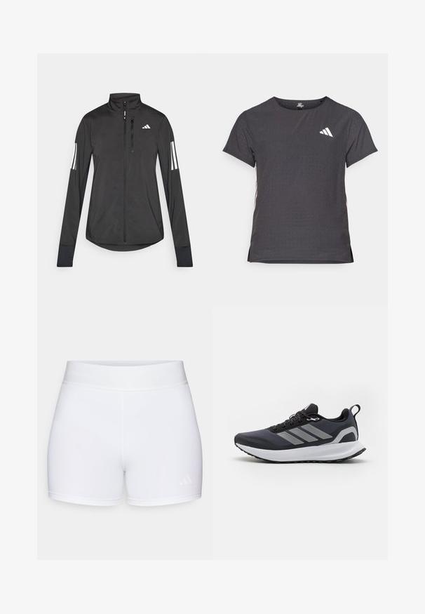 Juodas sportinis švarkas, pagamintas iš lengvos medžiagos. Yra priekinis užtrauktukas, aukšta apykaklė ir trys baltos juostos kiekviename rankovėje.; Trumpas rankovėmis sportinis marškinėlis, tamsiai pilkas, su perforuota tekstūra. Yra baltas logotipas ir kontrastingos šoninės juostos. Iškirptė suapvalinta.; Baltos sportinės šortai su lygiu paviršiumi, elastinga juosmens juosta su iškilniu логотипу ir minimalistiniu dizainu.; Juodos sportinės bateliai su tinklinio audinio viršumi, balta tarpine, tekstūruotu guminiu padu ir trimis pilkomis juostelėmis šone. Yra raišteliai ir kilpa.