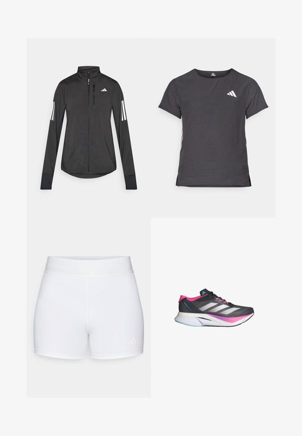 Zwarte sportjack gemaakt van lichtgewicht materiaal. Voorzien van een ritssluiting aan de voorkant, hoge kraag en drie witte strepen op elke mouw.; Korte mouwen sport t-shirt, donkergrijs met geperforeerde textuur. Bevat een wit logo en contrasterende zijstrepen. Ronde halslijn.; Witte sportshorts van een gladde stof, met een elastische tailleband die is voorzien van een reliëflogo en een minimalistisch ontwerp.; Hardloopschoen met een grijze mesh bovenkant, roze accenten en witte strepen. Beschikt over een gevoerde zool en een slank, aerodynamisch ontwerp.