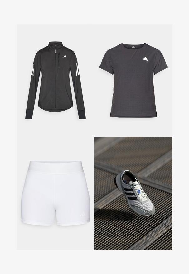 Fekete sportos dzseki könnyű anyagból. Elöl cipzárral, magas gallérral és minden ujjon három fehér csíkkal rendelkezik.; Rövid ujjú sport póló, sötétszürke perforált textúrával. Fehér logóval és kontrasztos oldalsávokkal rendelkezik. Kerek nyakkal.; Fehér sportnadrág sima textúrával, rugalmas derékbőséggel és dombornyomott logóval, valamint minimalistának nevezhető dizájnnal.; Könnyű futócipő, fehér hálós felső résszel, három fekete csíkkal, szürke részletekkel és texturált talppal a tapadásért.