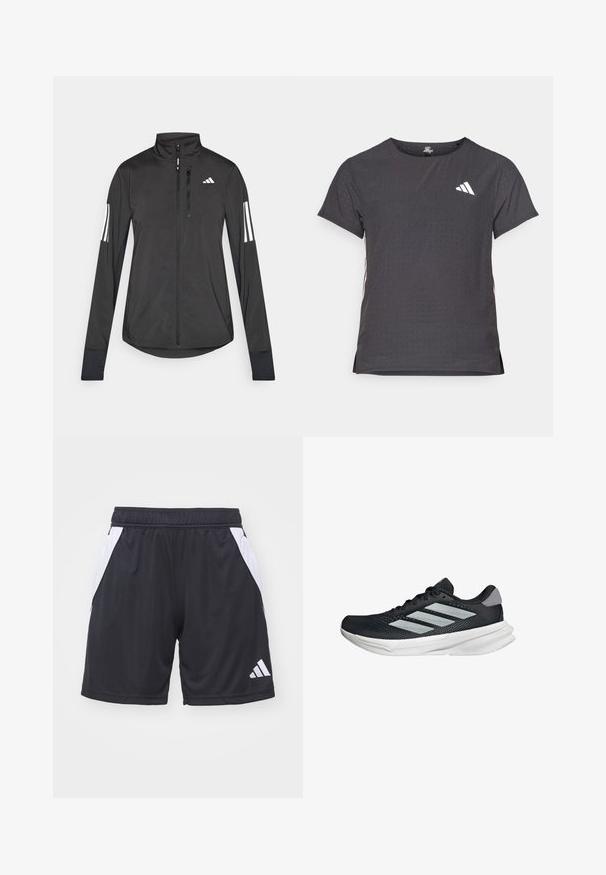 Musta urheilutakki, joka on valmistettu kevyestä materiaalista. Ominaisuuksiin kuuluu etuvetoketju, korkea kaulus ja kolme valkoista raitaa joka hihassa.; Lyhythihainen urheilupaita, tummanharmaa, jossa on reikäkudot. Ominaisuuksina valkoinen logo ja kontrastiväriset sivusuunnat. Pyöreä pääntie.; Mustat urheilushortsit, jotka on valmistettu kevyestä kankaasta. Shortsien sivuilla on valkoiset paneelit ja niissä on joustava vyötärö. Mukana Adidas-logo valkoisena.; Musta juoksukenkä, jossa on verkko-osa ylhäällä, kolme hopeista raitaa, valkoinen välipohja ja teksturoitu pohja. Varustettu pehmustetulla nilkkaremmeillä ja nauhakiinnityksellä.