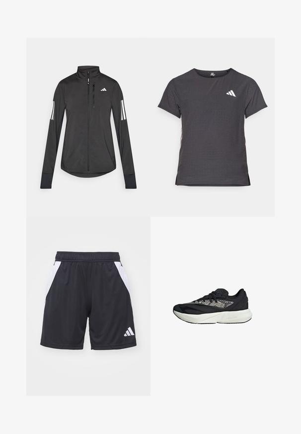 Černá atletická bunda vyrobená z lehkého materiálu. Má přední zip, vysoký límec a tři bílé pruhy na každém rukávu.; Kraťasový sportovní tričko, tmavě šedé barvy s perforovanou texturou. Obsahuje bílé logo a kontrastní boční pruhy. Kulatý výstřih.; Černé sportovní šortky z umělého materiálu s bílými bočními panely a elastickým pasem. Na spodní pravé straně je malý logo Adidas.; Černé a šedé tenisky s texturovaným pleteným svrškem, bílou mezipodešví s brandingem "LIGHTSTRIKE" a zaobleným designem špičky.