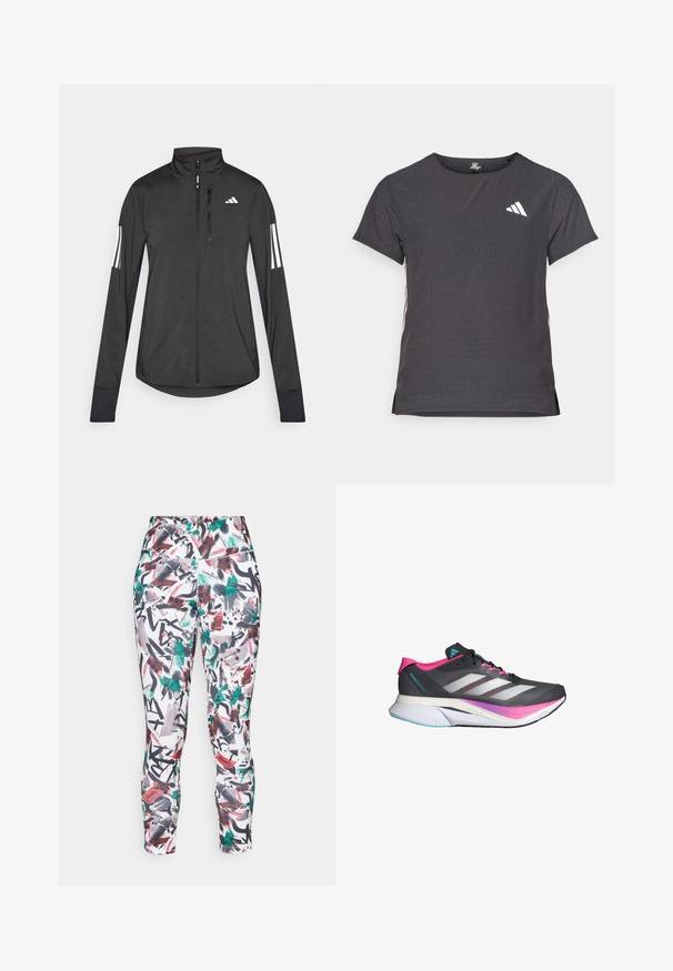 Čierna športová bunda vyrobená z ľahkého materiálu. Má zips vpredu, vysoký golier a tri biele pruhy na každom rukáve.; Tričko s krátkym rukávom pre šport, tmavosivé s perforovanou textúrou. Obsahuje biele logo a kontrastné bočné pruhy. Okrúhly výstrih.; Pružné legíny so priliehavým strihom, ktoré sú zdobené farebným abstraktným vzorom v červenej, zelenej a čiernej farbe na bielom základe. Vyrobené z elastického materiálu.; Bežecká obuv s sivou sieťovinou, ružovými akcentmi a bielymi pruhmi. Obsahuje polstrovanú podrážku a štíhly, aerodynamický dizajn.