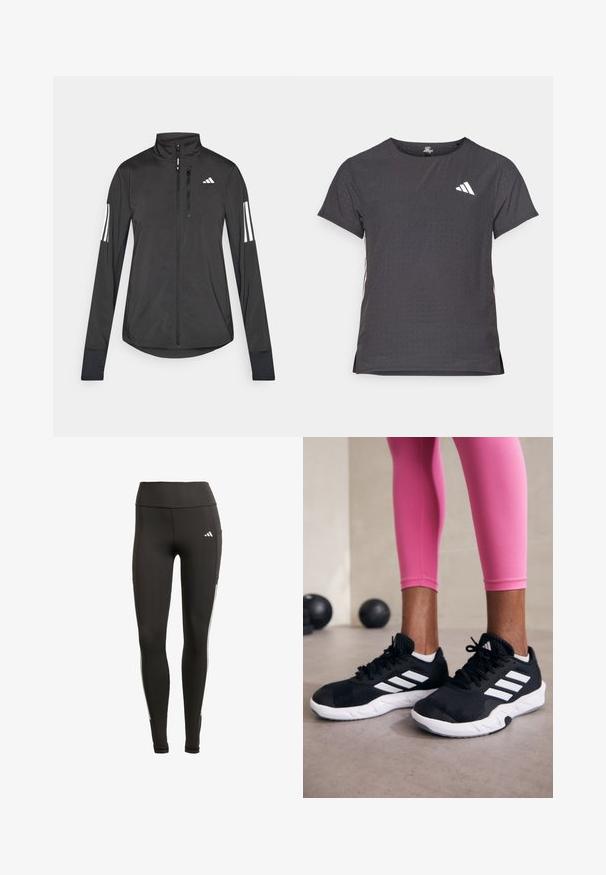 Fekete sportos dzseki könnyű anyagból. Elöl cipzárral, magas gallérral és minden ujjon három fehér csíkkal rendelkezik.; Rövid ujjú sport póló, sötétszürke perforált textúrával. Fehér logóval és kontrasztos oldalsávokkal rendelkezik. Kerek nyakkal.; Fekete leggings rugalmas anyagból, magas derékkal, fehér oldalsó csíkkal és oldalsó zsebbel a kényelmért.; Fekete sportcipők fehér csíkokkal, texturált hálós felsőrésszel és fehér talppal. Rózsaszín leggings-szel viselve, bemutatva az edzőruhákat.