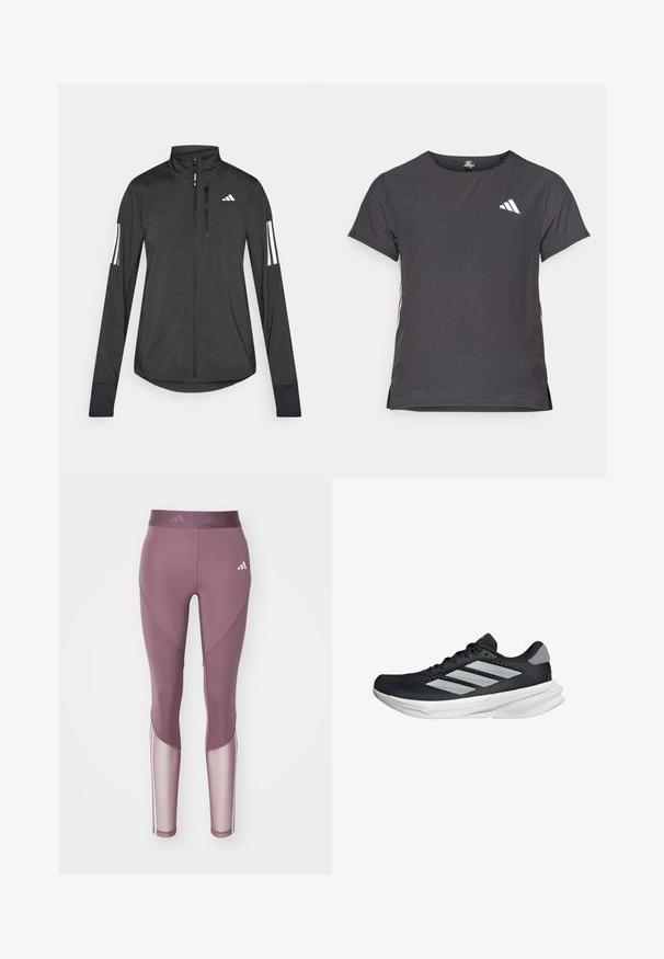 Černá atletická bunda vyrobená z lehkého materiálu. Má přední zip, vysoký límec a tři bílé pruhy na každém rukávu.; Kraťasový sportovní tričko, tmavě šedé barvy s perforovanou texturou. Obsahuje bílé logo a kontrastní boční pruhy. Kulatý výstřih.; adidas Performance Punčochy - shadow fig/white; Černé běžecké boty s vrchní částí z prodyšné síťoviny, třemi stříbrnými pruhy, bílou mezipodešví a texturovanou podešví. Obsahují polstrovaný límec a šněrování.