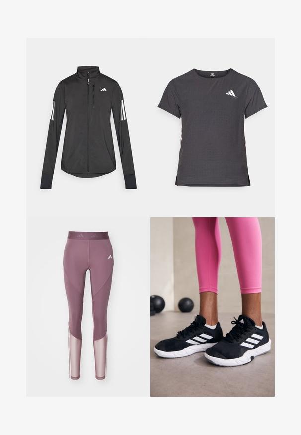 Svart treningsjakke laget av lett materiale. Har glidelås foran, høy krage og tre hvite striper på hver erme.; Kortermet treningstrøye, mørkegrå med perforert tekstur. Har en hvit logo og kontrasterende side-striper. Rund halslinje.; adidas Performance Tights - shadow fig/white; Svarte treningssko med hvite striper, teksturert mesh-overdel og hvit såle. Brukt med rosa leggings, som viser frem treningsklær.