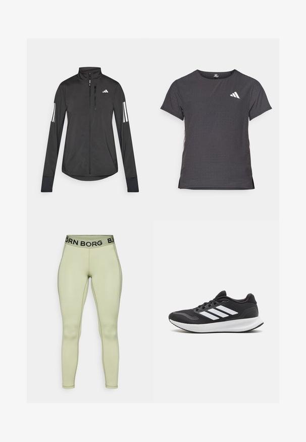 Musta urheilutakki, joka on valmistettu kevyestä materiaalista. Ominaisuuksiin kuuluu etuvetoketju, korkea kaulus ja kolme valkoista raitaa joka hihassa.; Lyhythihainen urheilupaita, tummanharmaa, jossa on reikäkudot. Ominaisuuksina valkoinen logo ja kontrastiväriset sivusuunnat. Pyöreä pääntie.; Vaaleanvihreät legginsit, jotka on valmistettu joustavasta materiaalista. Ne ovat yksinkertaisella muotoilulla, tiukasti istuvia ja varustettu mustalla brändioteella.; Musta urheilujalkine, jossa on verkkokangasyläosa, pyöreä kärki ja kolme valkoista raitaa sivussa. Kevyt pohja, jossa on teksturoitu kumipohja pitoa varten.