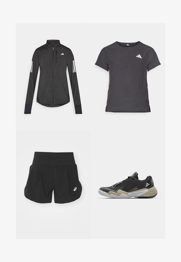Jaqueta atlética preta feita de material leve. Apresenta um fecho frontal, colarinho alto e três riscas brancas em cada manga.; T-shirt atlético de mangas curtas, cinza escuro com textura perfurada. Apresenta um logo branco e riscas laterais contrastantes. Decote arredondado.; Calças de desporto pretas com uma cintura larga, design pregueado e um pequeno logótipo branco no canto inferior esquerdo. Material macio e leve.; Sapatilha desportiva preta e bege com parte superior texturizada, design de sola proeminente, acabamentos refletivos e sistema de atacadores. Construção leve.