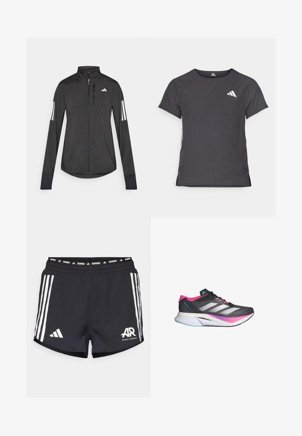 Zwarte sportjack gemaakt van lichtgewicht materiaal. Voorzien van een ritssluiting aan de voorkant, hoge kraag en drie witte strepen op elke mouw.; Korte mouwen sport t-shirt, donkergrijs met geperforeerde textuur. Bevat een wit logo en contrasterende zijstrepen. Ronde halslijn.; Zwarte hardloopshorts met een wit drie-strepenontwerp, een elastische tailleband met de tekst "RUNNING" en het "AR"-logo aan de onderkant links.; Hardloopschoen met een grijze mesh bovenkant, roze accenten en witte strepen. Beschikt over een gevoerde zool en een slank, aerodynamisch ontwerp.