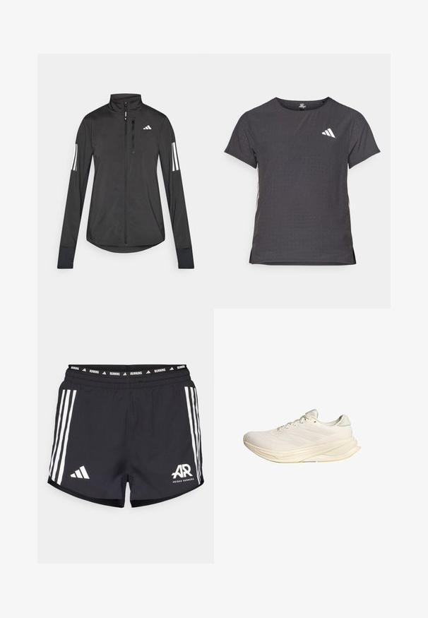 Jachetă sport neagră din material ușor. Are un fermoar frontal, guler înalt și trei dungi albe pe fiecare manșon.; Tricou athletic cu mânecă scurtă, gri închis, cu textură perforată. Prezentă un logo alb și dungi contrastante pe laterale. Guler rotunjit.; Pantaloni de alergare negri cu un design cu trei dungi albe, talie elastică cu textul "RUNNING" și logo-ul "AR" în partea stângă jos.; Pantof de sport bej deschis, cu un superior din plasă, șireturi plate și o talpă amortizată. Are un design cu trei dungi pe partea laterală.