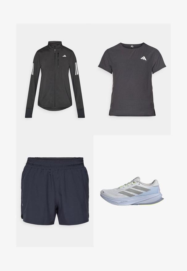 Must mustriga mustrin, millel on esiküljel lukuga, kõrge krae ja igal varrukal kolm valget triipu.; Lühikese varrukaga sportlik T-särk, tumehall, perforatsiooni tekstuuriga. Omab valget logo ja kontrastset külgtriipu. Ümar kaelus.; Tumed sinised sportlikud lühikesed püksid elastsest vööst, volditud disainiga ja küljetaskutega. Valmistatud kergest ja hingavast kangast.; Kerge võrkkattega jooksujalonid valgetes toonides, hallide triipudega. Tallal on kerge kõverus ja erkoranžid aktsendid.