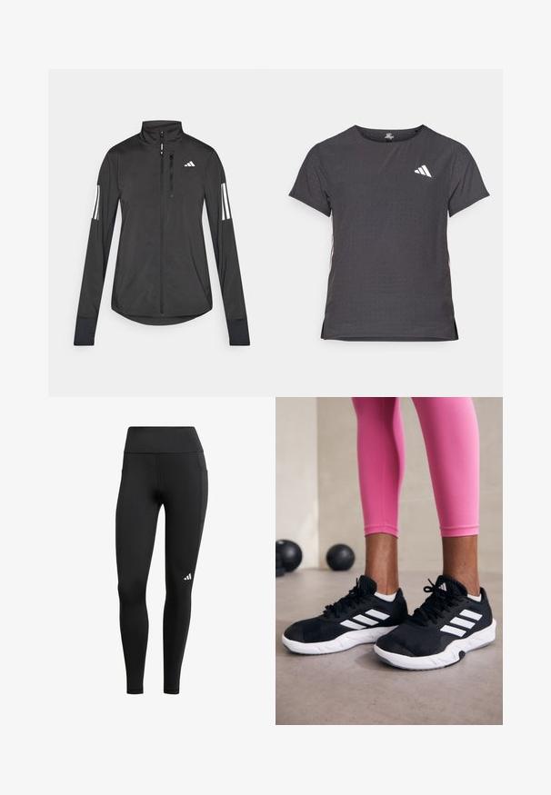 Svart treningsjakke laget av lett materiale. Har glidelås foran, høy krage og tre hvite striper på hver erme.; Kortermet treningstrøye, mørkegrå med perforert tekstur. Har en hvit logo og kontrasterende side-striper. Rund halslinje.; Sorte treningsleggings med høy midje, laget av elastisk stoff; har en sidelomme og en liten hvit logo nær sømmen.; Svarte treningssko med hvite striper, teksturert mesh-overdel og hvit såle. Brukt med rosa leggings, som viser frem treningsklær.