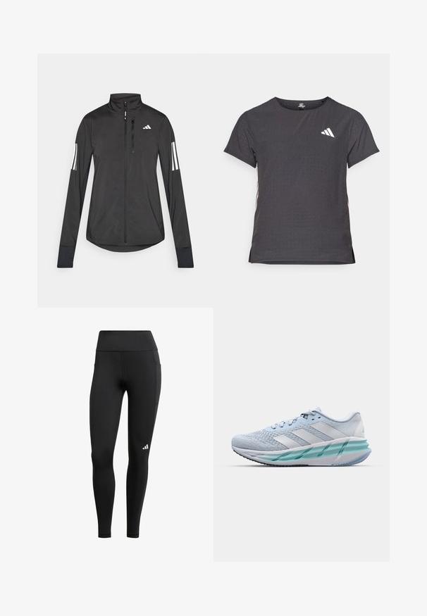 Veste de sport noire en matériau léger. Dotée d'une fermeture éclair sur le devant, d'un col haut et de trois rayures blanches sur chaque manche.; T-shirt de sport à manches courtes, gris foncé avec une texture perforée. Présente un logo blanc et des rayures latérales contrastantes. Encolure arrondie.; Leggings de sport noirs avec une taille haute, fabriqués en tissu extensible ; dotés d'une poche latérale et d'un petit logo blanc près de l'ourlet.; Baskets de sport bleu clair avec un dessus en tricot texturé, des accents blancs et une semelle intermédiaire transparente verte. Bout arrondi et col rembourré.