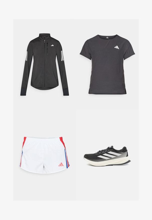 Black athletic jacket made of lightweight material. Features a front zipper, high collar, and three white stripes on each sleeve.; Short-sleeve athletic t-shirt, dark gray with perforated texture. Features a white logo and contrasting side stripes. Rounded neckline.; White sports shorts with red side panels featuring blue stripes. Elastic waistband and logo on the lower left side. Smooth fabric texture.; Black athletic shoe with mesh upper, white accents, and a thick white midsole. Features laces and a low-profile design.