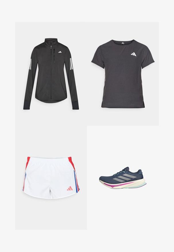 Must mustriga mustrin, millel on esiküljel lukuga, kõrge krae ja igal varrukal kolm valget triipu.; Lühikese varrukaga sportlik T-särk, tumehall, perforatsiooni tekstuuriga. Omab valget logo ja kontrastset külgtriipu. Ümar kaelus.; Valged spordilühikesed püksid punaste külgpaneelidega, millel on sinised triibud. Elastne vöökoht ja logo vasakul all nurgas. Sile kangastekstuuri.; Tumesinine jooksujalats, millel on võrgusest pealmine osa, hõbedased triibud, mündirohelised aktsendid ja pehmendusega tald, millel on roosa ja türkiissinine detailidisain mugavuse tagamiseks.