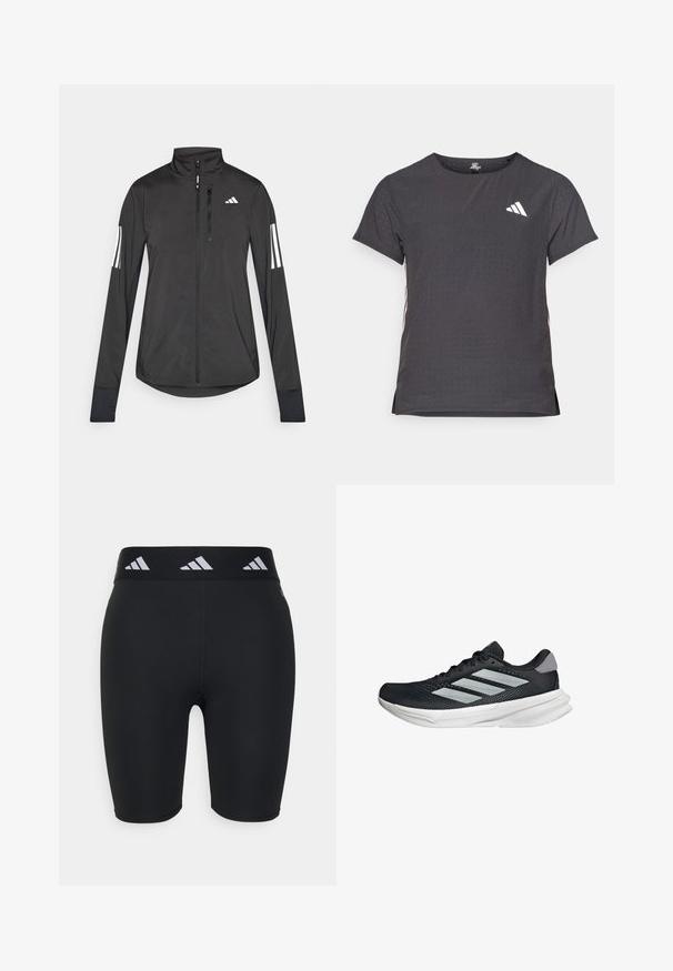 Black athletic jacket made of lightweight material. Features a front zipper, high collar, and three white stripes on each sleeve.; Short-sleeve athletic t-shirt, dark gray with perforated texture. Features a white logo and contrasting side stripes. Rounded neckline.; Black athletic shorts with a fitted design, made from stretchy material. Features a wide black waistband with white branding accents.; Black running shoe with mesh upper, three silver stripes, white midsole, and textured outsole. Features padded collar and lace closure.