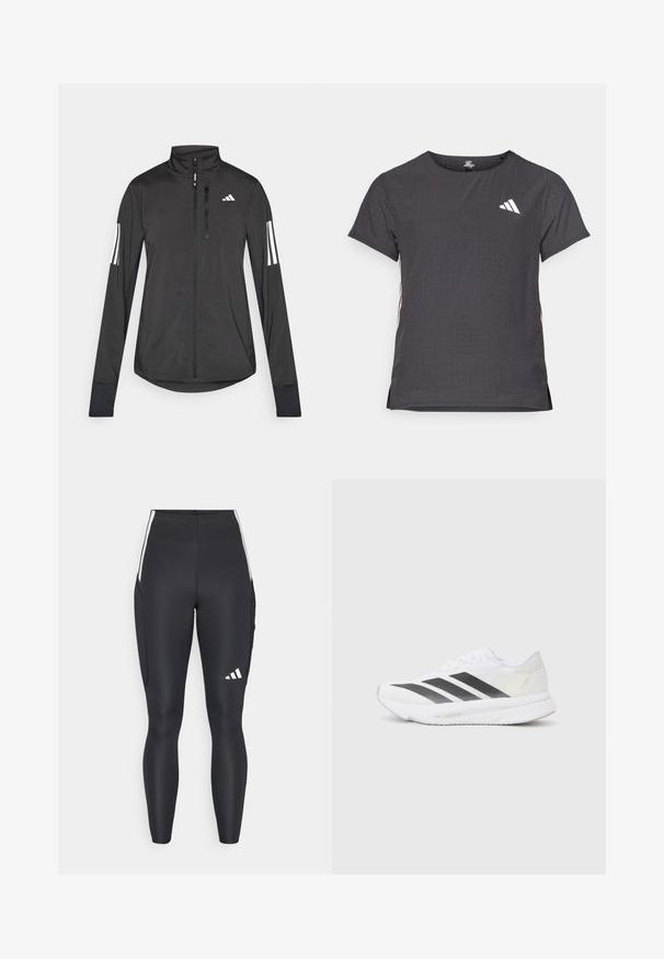 Melnā sporta jaka, izgatavota no viegla materiāla. Tajā ir priekšējais rāvējslēdzis, augsta apkakle un trīs baltas svītras katrā piedurknē.; Īsām piedurkņu sporta T-krekls, tumši pelēks ar perforētu tekstūru. Iespējots ar baltu logotipu un kontrastējošām sānu svītrām. Apaļa kakla izgriezums.; Melni sporta legingi, izgatavoti no elastīga materiāla. Ar baltām sānu akcentēm un adidas logo apakšējā kājā. Kopumā gluda tekstūra.; Baltas sporta apavs ar melniem diagonāliem svītrām, sieta augšdaļa, noapaļota purngalu forma un teksturēta zole. Akcenti ietver sudraba papēdi un minimālistisku dizainu.