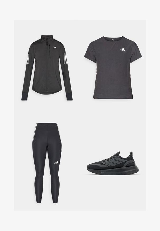 Black athletic jacket made of lightweight material. Features a front zipper, high collar, and three white stripes on each sleeve.; Short-sleeve athletic t-shirt, dark gray with perforated texture. Features a white logo and contrasting side stripes. Rounded neckline.; Black athletic leggings made of stretchy material. Features white side accents and an adidas logo on the lower leg. Smooth texture overall.; Black athletic shoes with a mesh upper, textured panels, three stripes detail, and a curved sole labeled "LIGHT BOOST."