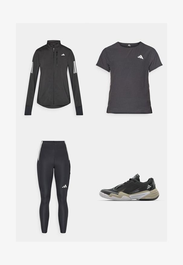 Sort atletisk jakke lavet af let materiale. Har en frontlynlås, høj krave og tre hvide striber på hver ærme.; Kortærmet atletisk t-shirt, mørkegrå med perforeret tekstur. Har et hvidt logo og kontrastfarvede sidelister. Rundet halsudskæring.; Sorte sportslige leggings lavet af strækbart materiale. Har hvide sidelogoer og et adidas-logo på underbenet. Glat tekstur overalt.; Sort og beige atletisk sko med struktureret overdel, fremtrædende såledesign, reflekterende accenter og snørresystem. Letvægtskonstruktion.