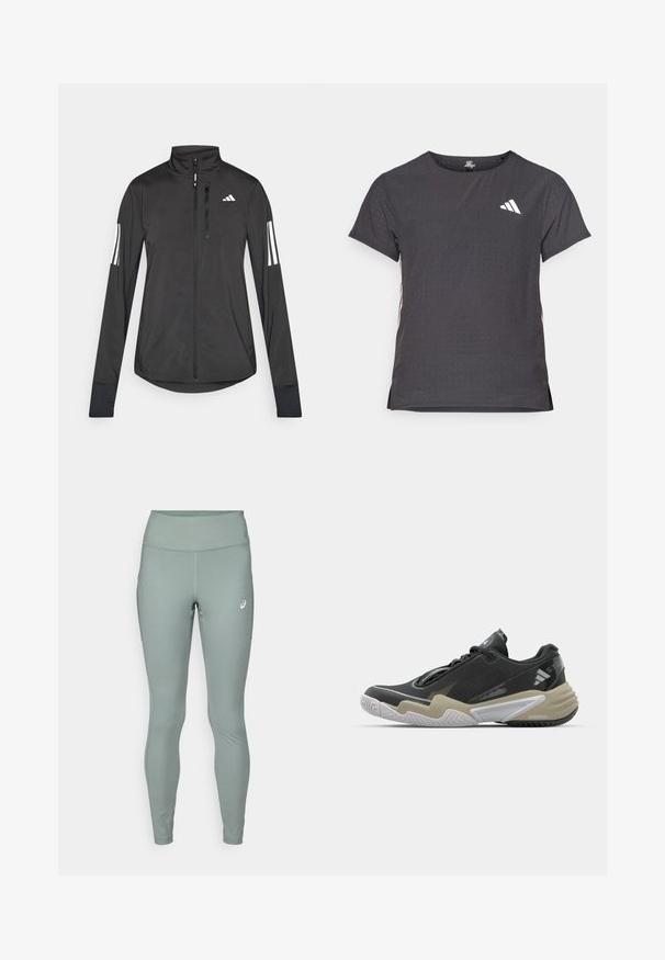 Juodas sportinis švarkas, pagamintas iš lengvos medžiagos. Yra priekinis užtrauktukas, aukšta apykaklė ir trys baltos juostos kiekviename rankovėje.; Trumpas rankovėmis sportinis marškinėlis, tamsiai pilkas, su perforuota tekstūra. Yra baltas logotipas ir kontrastingos šoninės juostos. Iškirptė suapvalinta.; ASICS CORE - Bėgimo tamprės - monument blue; Juoda ir béžo spalvų sportinė avalynė su tekstūruota viršutine dalimi, išskirtiniu pado dizainu, atspindinčiomis detalėmis ir raištelių sistema. Lengva konstrukcija.