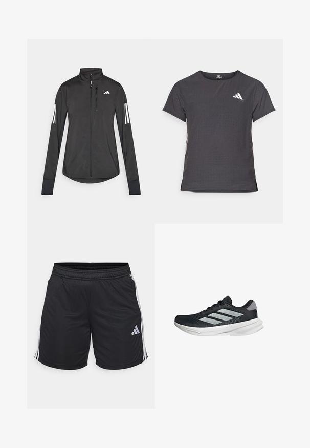 Zwarte sportjack gemaakt van lichtgewicht materiaal. Voorzien van een ritssluiting aan de voorkant, hoge kraag en drie witte strepen op elke mouw.; Korte mouwen sport t-shirt, donkergrijs met geperforeerde textuur. Bevat een wit logo en contrasterende zijstrepen. Ronde halslijn.; Zwarte sportshorts van lichtgewicht, glad materiaal. Heeft witte zijstrepen en een klein zilveren logo aan de onderste linkerzijde. Rekbare tailleband.; Zwarte hardloopschoen met een mesh bovenzijde, drie zilveren strepen, witte middenzool en een gestructureerde loopzool. Heeft een gevoerde kraag en een vetersluiting.