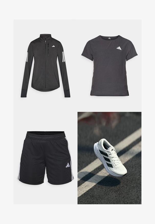 Schwarze Sportjacke aus leichtem Material. Mit einem Frontreißverschluss, hohem Kragen und drei weißen Streifen an jedem Ärmel.; Kurze Ärmel Sport-T-Shirt, dunkelgrau mit durchbrochener Textur. Enthält ein weißes Logo und kontrastierende Seitenstreifen. Runder Ausschnitt.; Schwarze Sportshorts aus leichtem, glattem Material. Mit weißen Seitenschutzstreifen und einem kleinen silbernen Logo auf der unteren linken Seite. Elastischer Bund.; Weißer Sportschuh mit strukturiertem Obermaterial, schwarzem Drei-Streifen-Design, gepolstertem Kragen und leichter Sohle, in der Luft über einer Straßenoberfläche positioniert.