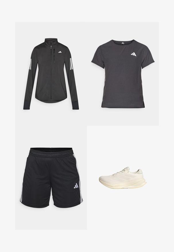 Fekete sportos dzseki könnyű anyagból. Elöl cipzárral, magas gallérral és minden ujjon három fehér csíkkal rendelkezik.; Rövid ujjú sport póló, sötétszürke perforált textúrával. Fehér logóval és kontrasztos oldalsávokkal rendelkezik. Kerek nyakkal.; Fekete sportos rövidnadrág, könnyű, sima textúrával. Fehér oldalsávokkal és egy kis ezüst logóval az alsó bal oldalon. Rugalmas derékpánt.; Világos bézs sportcipő, hálós felsőrésszel, lapos fűzőkkel és párnázott talppal. A külső oldalon három csíkos mintázattal rendelkezik.