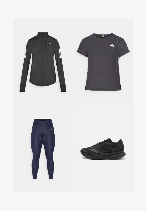 Schwarze Sportjacke aus leichtem Material. Mit einem Frontreißverschluss, hohem Kragen und drei weißen Streifen an jedem Ärmel.; Kurze Ärmel Sport-T-Shirt, dunkelgrau mit durchbrochener Textur. Enthält ein weißes Logo und kontrastierende Seitenstreifen. Runder Ausschnitt.; adidas Performance Tights - legend ink; Schwarzer Laufschuh mit einem atmungsaktiven Mesh-Obermaterial, runder Zehenpartie, schlankem Design, strukturierten Akzenten und einer gepolsterten Sohle für Komfort.