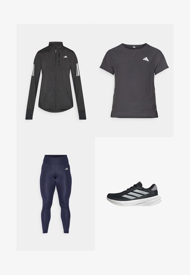 Chaqueta deportiva negra hecha de material ligero. Cuenta con una cremallera frontal, un cuello alto y tres franjas blancas en cada manga.; Camiseta atlética de manga corta, gris oscuro con textura perforada. Presenta un logo blanco y rayas laterales en contraste. Escote redondeado.; adidas Performance Leggings - legend ink; Zapatilla de correr negra con parte superior de malla, tres franjas plateadas, media suela blanca y suela texturizada. Incluye un cuello acolchado y cierre de cordones.