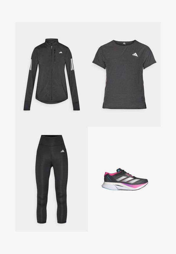 Chaqueta deportiva negra hecha de material ligero. Cuenta con una cremallera frontal, un cuello alto y tres franjas blancas en cada manga.; Camiseta atlética de manga corta, gris oscuro con textura perforada. Presenta un logo blanco y rayas laterales en contraste. Escote redondeado.; Leggings negros de cintura alta que presentan un material suave y elástico, con un pequeño logo blanco de Adidas en la cadera izquierda.; Zapatilla de correr con parte superior de malla gris, acentos en rosa y rayas blancas. Cuenta con una suela acolchada y un diseño elegante y aerodinámico.