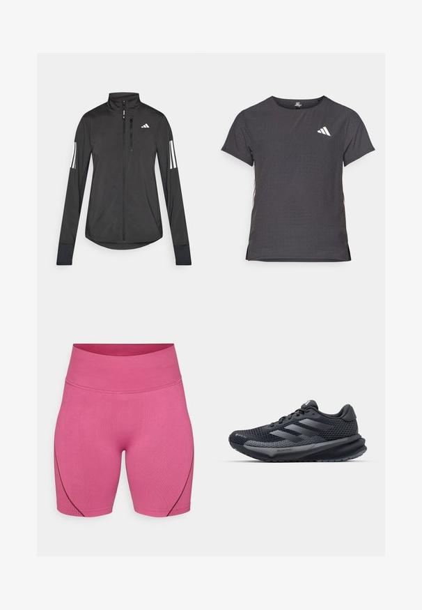 Schwarze Sportjacke aus leichtem Material. Mit einem Frontreißverschluss, hohem Kragen und drei weißen Streifen an jedem Ärmel.; Kurze Ärmel Sport-T-Shirt, dunkelgrau mit durchbrochener Textur. Enthält ein weißes Logo und kontrastierende Seitenstreifen. Runder Ausschnitt.; Rosafarbene Sportshorts aus dehnbarem Stoff, mit hohem Bund und subtiler Rippstruktur, ergänzt durch kontrastierende dunkle Nähte an den Seiten.; Schwarzer Sportschuh mit einem strukturierten Mesh-Obermaterial, reflektierenden Akzenten, gepolsteter Sohle und einem schlanken Design. Enthält ein Logo mit drei Streifen.