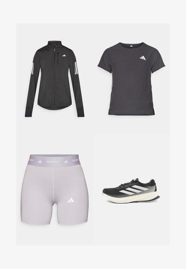 Schwarze Sportjacke aus leichtem Material. Mit einem Frontreißverschluss, hohem Kragen und drei weißen Streifen an jedem Ärmel.; Kurze Ärmel Sport-T-Shirt, dunkelgrau mit durchbrochener Textur. Enthält ein weißes Logo und kontrastierende Seitenstreifen. Runder Ausschnitt.; adidas Performance Tights - glory grey; Schwarzer Sportschuh mit Mesh-Obermaterial, weißen Akzenten und einer dicken weißen Zwischensohle. Verfügt über Schnürsenkel und ein niedriges Profil.