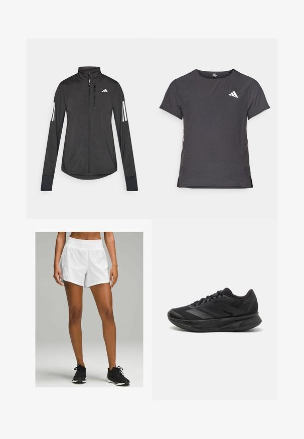 Zwarte sportjack gemaakt van lichtgewicht materiaal. Voorzien van een ritssluiting aan de voorkant, hoge kraag en drie witte strepen op elke mouw.; Korte mouwen sport t-shirt, donkergrijs met geperforeerde textuur. Bevat een wit logo en contrasterende zijstrepen. Ronde halslijn.; Witte sportshorts met een elastische tailleband, met een lichte, gladde textuur en een ontspannen pasvorm. Gemaakt met zwarte hardloopschoenen.; Zwarte hardloopschoen met een ademende mesh bovenkant, ronde neus, slank ontwerp, textuuraccenten en een gevoerde zool voor comfort.