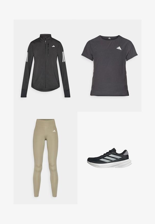 Zwarte sportjack gemaakt van lichtgewicht materiaal. Voorzien van een ritssluiting aan de voorkant, hoge kraag en drie witte strepen op elke mouw.; Korte mouwen sport t-shirt, donkergrijs met geperforeerde textuur. Bevat een wit logo en contrasterende zijstrepen. Ronde halslijn.; adidas Performance Tights - silver pebble; Zwarte hardloopschoen met een mesh bovenzijde, drie zilveren strepen, witte middenzool en een gestructureerde loopzool. Heeft een gevoerde kraag en een vetersluiting.