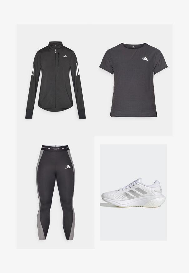Zwarte sportjack gemaakt van lichtgewicht materiaal. Voorzien van een ritssluiting aan de voorkant, hoge kraag en drie witte strepen op elke mouw.; Korte mouwen sport t-shirt, donkergrijs met geperforeerde textuur. Bevat een wit logo en contrasterende zijstrepen. Ronde halslijn.; Zwarte sportleggings met grijze zijpanelen, voorzien van een Techfit-band en een adidas-logo op de linker bovenbeen. Gladde, rekbare stof.; Witte sportieve schoen met een gemêleerd mesh bovenwerk, zilveren drie-strepen ontwerp, gevoerde zool en ronde hak. Beschikt over een vetersluiting en een gevoerde tong.