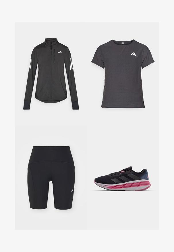 Čierna športová bunda vyrobená z ľahkého materiálu. Má zips vpredu, vysoký golier a tri biele pruhy na každom rukáve.; Tričko s krátkym rukávom pre šport, tmavosivé s perforovanou textúrou. Obsahuje biele logo a kontrastné bočné pruhy. Okrúhly výstrih.; Čierne športové šortky vyrobené z hladkej, elastickej tkaniny. Obsahujú bočnú vrecko a biele logo na ľavej strane.; Čierna športová obuv s textúrovaným sieťovým zvrškom, ružovými akcentmi a šedou medzipodrážkou so vrstvovými konštrukciami pre tlmenie.