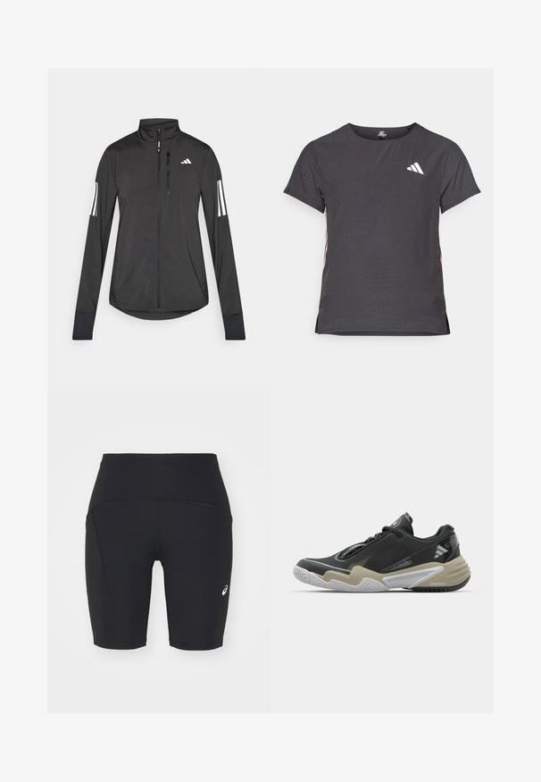 Juodas sportinis švarkas, pagamintas iš lengvos medžiagos. Yra priekinis užtrauktukas, aukšta apykaklė ir trys baltos juostos kiekviename rankovėje.; Trumpas rankovėmis sportinis marškinėlis, tamsiai pilkas, su perforuota tekstūra. Yra baltas logotipas ir kontrastingos šoninės juostos. Iškirptė suapvalinta.; Juodi sportiniai šortai pagaminti iš lygios, tamprios medžiagos. Yra šoninė kišenė ir balta logotipas kairėje pusėje.; Juoda ir béžo spalvų sportinė avalynė su tekstūruota viršutine dalimi, išskirtiniu pado dizainu, atspindinčiomis detalėmis ir raištelių sistema. Lengva konstrukcija.