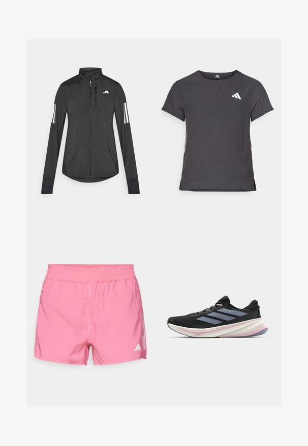 Schwarze Sportjacke aus leichtem Material. Mit einem Frontreißverschluss, hohem Kragen und drei weißen Streifen an jedem Ärmel.; Kurze Ärmel Sport-T-Shirt, dunkelgrau mit durchbrochener Textur. Enthält ein weißes Logo und kontrastierende Seitenstreifen. Runder Ausschnitt.; Rosa Sportshorts mit elastischem Bund, versehen mit dem weißen Adidas-Logo und drei vertikalen Streifen an den Seiten. Glatte Stofftextur.; Schwarzer Laufschuh mit Mesh-Obermaterial, helllila Akzenten und drei horizontalen grauen Streifen. Verfügt über eine gepolsterte Sohle für Komfort.