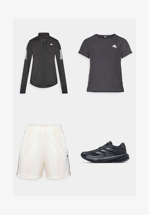 Black athletic jacket made of lightweight material. Features a front zipper, high collar, and three white stripes on each sleeve.; Short-sleeve athletic t-shirt, dark gray with perforated texture. Features a white logo and contrasting side stripes. Rounded neckline.; Lightweight athletic shorts in pale beige and white vertical stripes, with an elastic waistband and black side accents, featuring a logo patch.; Black athletic shoe with a textured mesh upper, reflective accents, cushioned sole, and a streamlined design. Features three stripe logo.