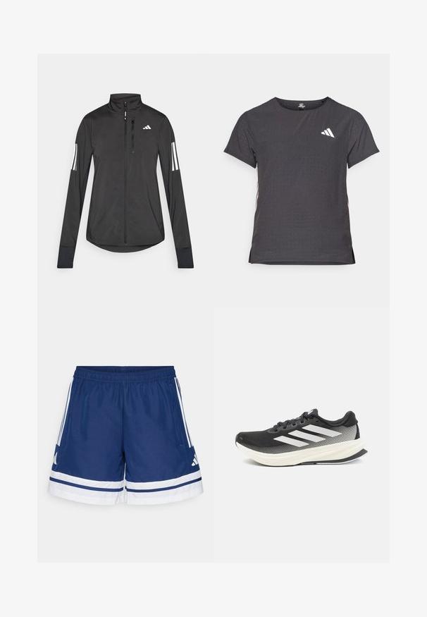Svart treningsjakke laget av lett materiale. Har glidelås foran, høy krage og tre hvite striper på hver erme.; Kortermet treningstrøye, mørkegrå med perforert tekstur. Har en hvit logo og kontrasterende side-striper. Rund halslinje.; Marineblå treningsshorts med elastisk midje, hvite detaljer og tre striper på hver side; laget av lett og pustende materiale.; Svart idrettssko med mesh-overdel, hvite detaljer og en tykk hvit såle. Har snøring og en lavprofil design.