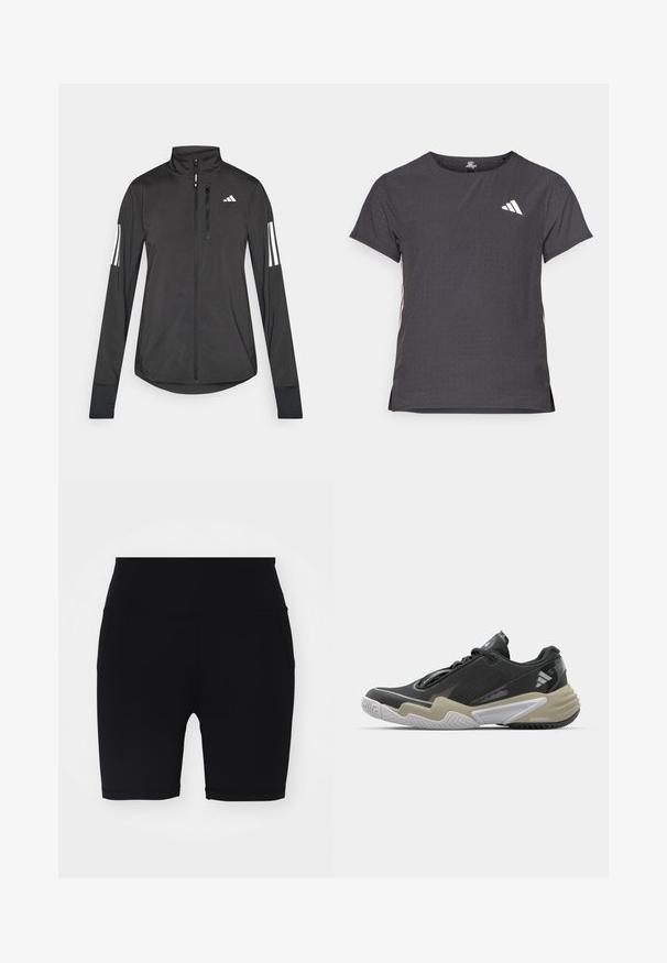 Giacchetto sportivo nero realizzato in materiale leggero. Presenta una chiusura frontale con zip, colletto alto e tre strisce bianche su ciascun manica.; T-shirt atletico a maniche corte, grigio scuro con texture perforata. Presenta un logo bianco e strisce laterali a contrasto. Girocollo.; Pantaloni sportivi neri con una texture liscia, lunghezza a metà coscia, vita alta e tasche laterali. Design semplice, senza motivi o decorazioni visibili.; Scarpa sportiva nera e beige con tomaia texturizzata, design della suola prominente, dettagli riflettenti e sistema di lacing. Costruzione leggera.