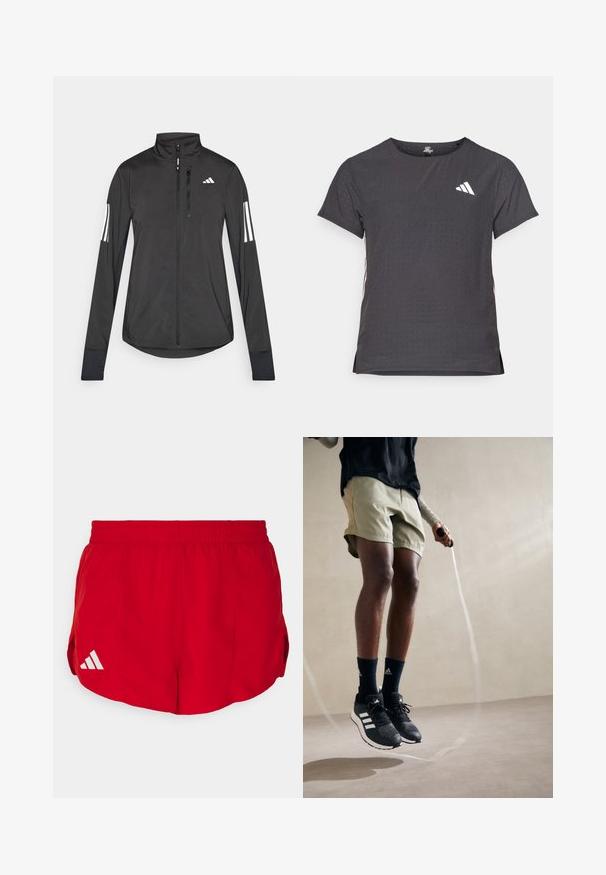 Melnā sporta jaka, izgatavota no viegla materiāla. Tajā ir priekšējais rāvējslēdzis, augsta apkakle un trīs baltas svītras katrā piedurknē.; Īsām piedurkņu sporta T-krekls, tumši pelēks ar perforētu tekstūru. Iespējots ar baltu logotipu un kontrastējošām sānu svītrām. Apaļa kakla izgriezums.; Sarkani sporta šorti ar acu tekstūru, elastīgu jostu un sānu iegriezumiem. Apakšējā kreisajā pusē ir balts Adidas logotips.; Melni sporta apavi ar baltām svītrām, olīvu zaļas šortas un tumši zilas zeķes. Individu valkā lēcēju virvi rokās. Neitrāla fona.
