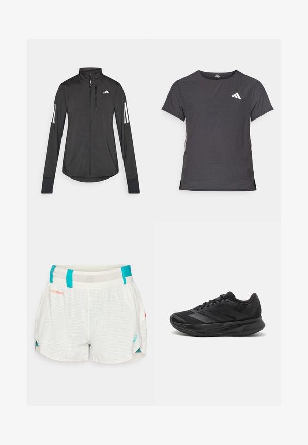 Veste de sport noire en matériau léger. Dotée d'une fermeture éclair sur le devant, d'un col haut et de trois rayures blanches sur chaque manche.; T-shirt de sport à manches courtes, gris foncé avec une texture perforée. Présente un logo blanc et des rayures latérales contrastantes. Encolure arrondie.; Shorts de course blancs à motifs avec des accents turquoise, taille en maille respirante et fentes latérales pour la mobilité. Présente le logo de la marque en turquoise.; Chaussure de course noire avec une tige en maille respirante, un bout arrondi, un design épuré, des accents texturés et une semelle rembourrée pour le confort.