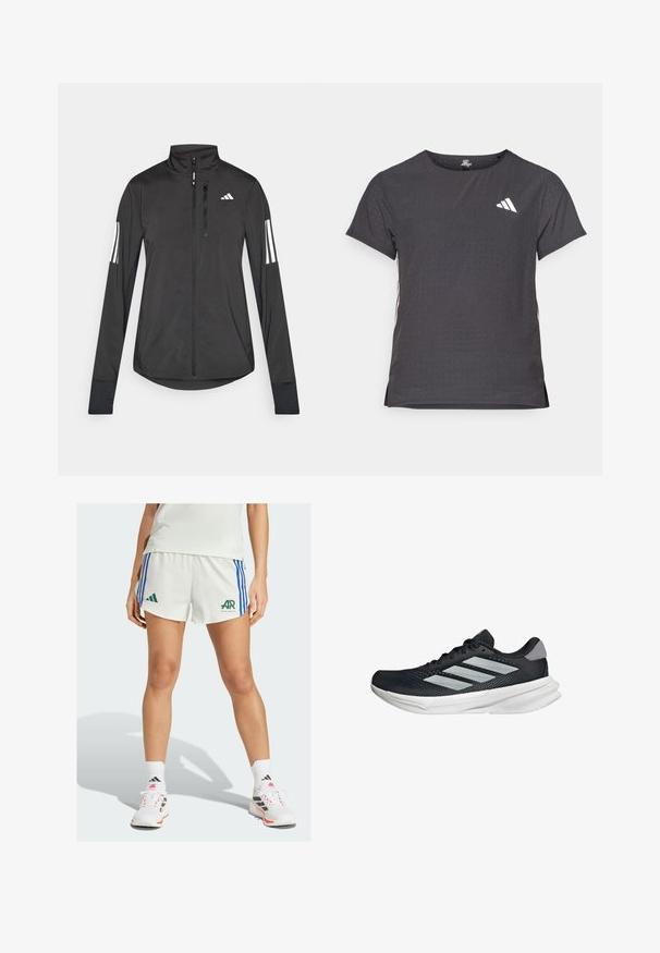 Zwarte sportjack gemaakt van lichtgewicht materiaal. Voorzien van een ritssluiting aan de voorkant, hoge kraag en drie witte strepen op elke mouw.; Korte mouwen sport t-shirt, donkergrijs met geperforeerde textuur. Bevat een wit logo en contrasterende zijstrepen. Ronde halslijn.; Witte sportshorts met blauwe strepen en groene branding. Gecombineerd met witte en zwarte sneakers en witte sokken. Eenvoudig ontwerp.; Zwarte hardloopschoen met een mesh bovenzijde, drie zilveren strepen, witte middenzool en een gestructureerde loopzool. Heeft een gevoerde kraag en een vetersluiting.