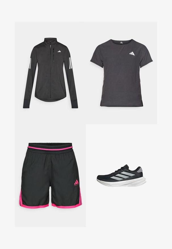 Schwarze Sportjacke aus leichtem Material. Mit einem Frontreißverschluss, hohem Kragen und drei weißen Streifen an jedem Ärmel.; Kurze Ärmel Sport-T-Shirt, dunkelgrau mit durchbrochener Textur. Enthält ein weißes Logo und kontrastierende Seitenstreifen. Runder Ausschnitt.; Schwarze Sportshorts mit einem pinken elastischen Bund und seitlichen Akzenten. Gefertigt aus leichtem Material und mit dem Adidas-Logo versehen.; Schwarzer Laufschuh mit Mesh-Obermaterial, drei silbernen Streifen, weißer Zwischensohle und strukturiertem Außensohle. Verfügt über einen gepolsterten Schaft und eine Schnürung.
