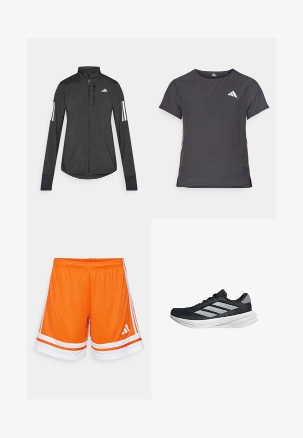 Čierna športová bunda vyrobená z ľahkého materiálu. Má zips vpredu, vysoký golier a tri biele pruhy na každom rukáve.; Tričko s krátkym rukávom pre šport, tmavosivé s perforovanou textúrou. Obsahuje biele logo a kontrastné bočné pruhy. Okrúhly výstrih.; Oranžové športové šortky s textúrovanou látkou, bielymi akcentami a tromi bielymi pruhmi po stranách. Elastický pás pre pohodlie.; Čierna behacia obuv s vrchnou časťou z priedušného materiálu, tromi striebornými pruhmi, bielou medzipodrážkou a textúrovanou podrážkou. Obsahuje polstrovaný golier a uzatváranie na šnúrky.